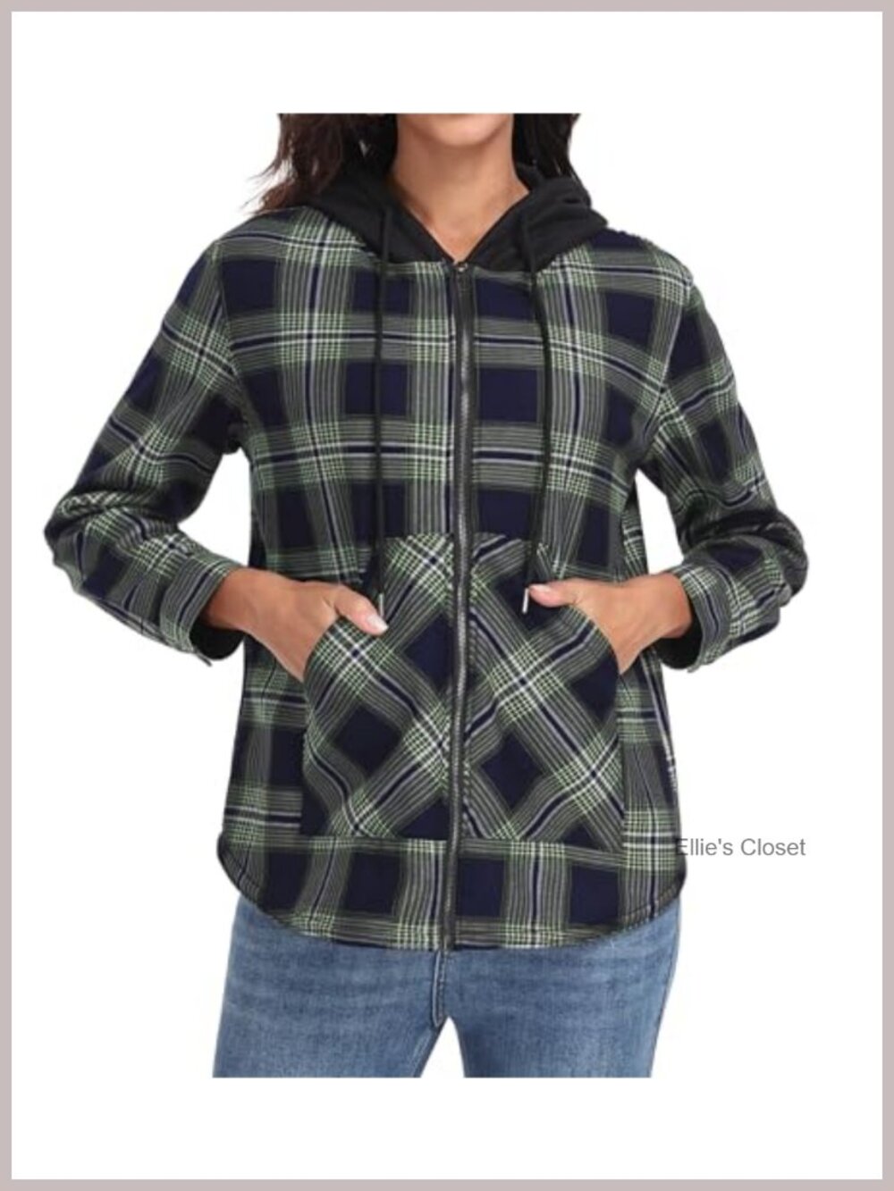 Women's Plaid Full-Zip Fleece-Lined Hooded Jacket Casual Warm Coat